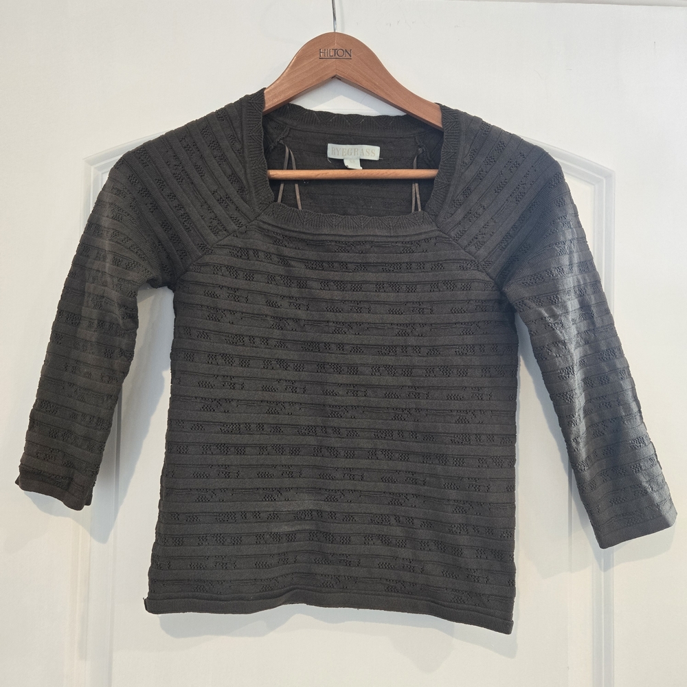 Ryegrass Green Textured Knit Top Women’s Size Small 3/4 Sleeve Square Neck Stret